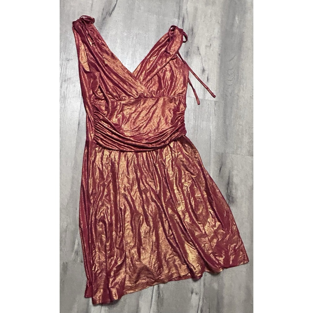 Papillon Los Angeles Metallic Red Gold Dress Women's Medium Stretch Party V Neck - Picture 5 of 5
